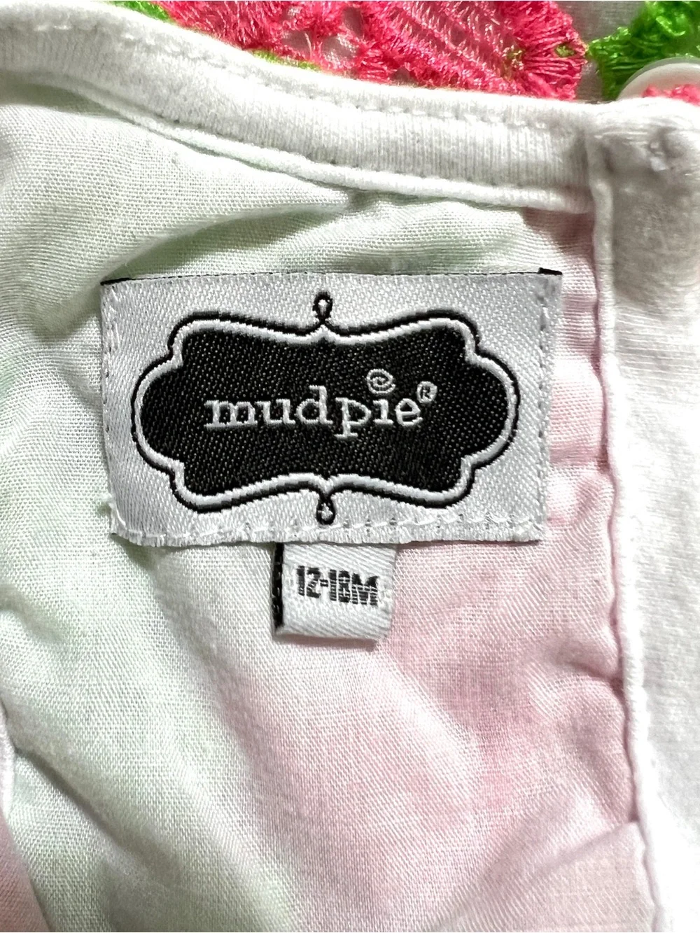 Mud Pie Crochet Dress Baby Girl 12-18M Pink Green Floral Lace Sleeveless Summer